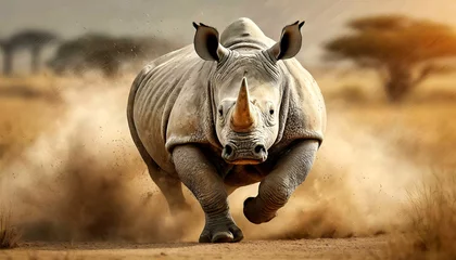 Poster Action shot of a beautiful large white or grey rhino as he runs quickly through the savannah, raising the dust on the ground. Generative Ai. © Alberto Masnovo