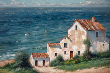 "Seascape with Timeworn Cottage: Oil Painting". generative AI.
