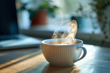 Steaming Coffee Cup by a Window with Book.
