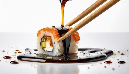Drops of soy sauce dripping from a sushi roll sandwiched between two chopsticks wood colored - 761598056