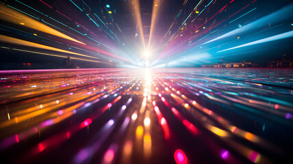 stage bathed in vibrant multicolored light, creating a kaleidoscope of colors and shadows - obrazy, fototapety, plakaty