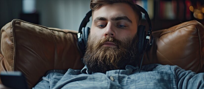 A man with facial hair is sitting on a couch wearing headphones, listening to music. He appears pleased, with a moustache and beard. He might be sharing an event on social media