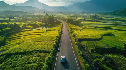 a car speeding along a road nestled between vibrant flower fields, heading energetically towards lush green mountains.