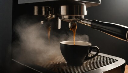 Extracting coffee from the coffee machine with a portafilter, pouring steaming hot coffee 
