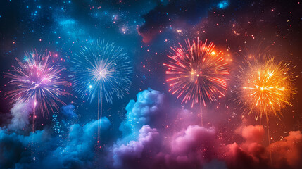 Multi colored fireworks bursting in a festival celebration vibrant illustration against a dark background - obrazy, fototapety, plakaty