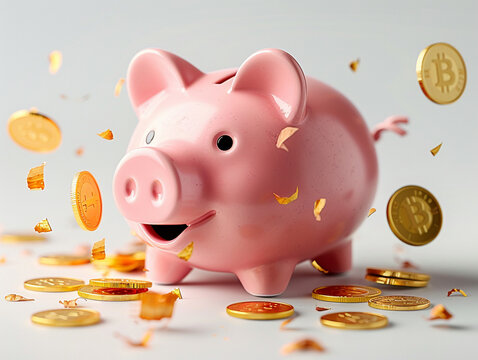 Pink piggy bank with gold coins falling into it symbolizing wealth accumulation isolated on white