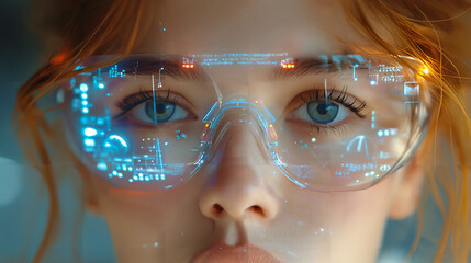 She is wearing highly technology-oriented glasses. 
Cyberspace, AR, VR, Information technology. 