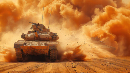 A military armored vehicle navigates desert terrain, passing through minefields and smoke. - obrazy, fototapety, plakaty