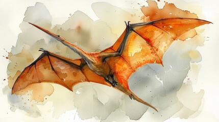 Watercolor depiction of a small Pterodactyl flying with grace isolated on white