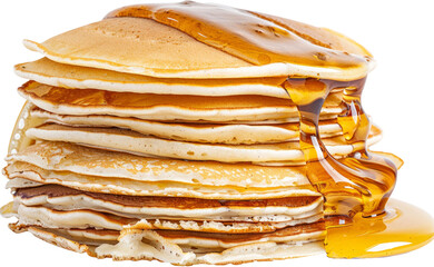 Stack of pancakes drizzled with maple syrup, cut out transparent