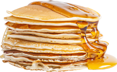 Stack of pancakes drizzled with maple syrup, cut out transparent