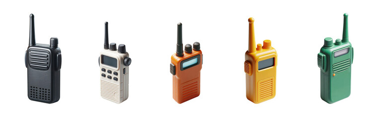 portable walkie-talkie set in various models and colors. Two-way radio. transceiver collection. baby monitor. Toy radio walkie-talkies with antena, buttons and dials. Talking device. Receiver device.