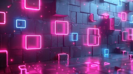 Abstract geometric pink blue neon light 3d texture wall with squares and square cubes background banner illustration with glowing lights, textured wallpaper