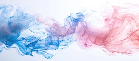 A vibrant gesture of electric blue and magenta smoke emerging from the water on a white background, resembling a modern art painting