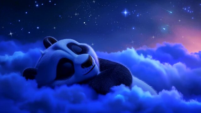 Baby panda sleeping peacefully on cloud and starry sky. seamless looping 4k time-lapse animation video background