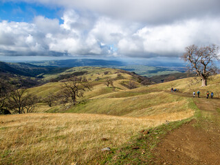Naklejka premium A group of hikers descending a trail along a mountain ridge into a distant valley with large oak trees dot grass covered hills, Ohlone Wilderness, California