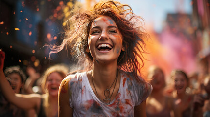 Laughter and joy fill the air as a big group of young people celebrates outside during a daytime summer festival, their colorful splashes adding to the festive atmosphere.