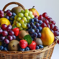 Fresh, colorful fruits in a large basket, isolated.