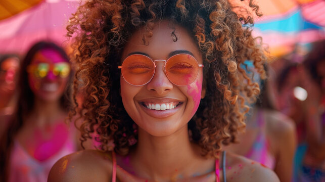 Laughter fills the air as young individuals cheer and celebrate at a daytime summer festival, enjoying the vibrant colors of the Holi festival.