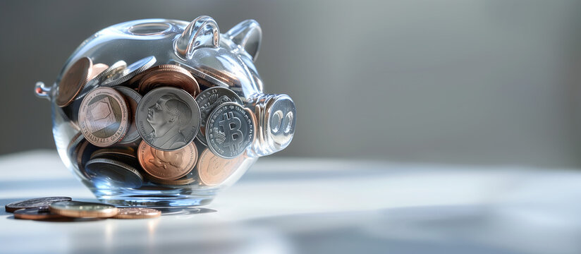 A clear glass piggy bank filled with coins symbolizes financial planning and savings goals, reflecting the importance of frugality and wealth management