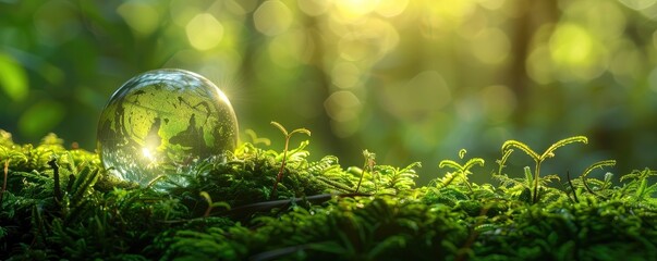 Fototapeta premium Earth within a Glass Sphere on Mossy Forest Floor: A Tranquil Emblem of Environmental Protection in Vibrant Detail