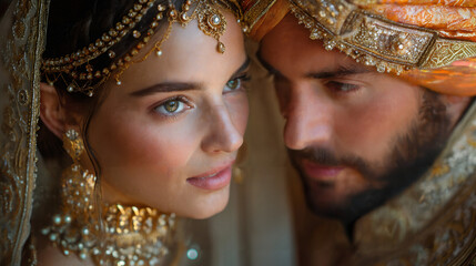 A portrait photo of two people, a married noblewoman and a middle-aged nobleman, wearing Castilian/Aragónese/Leonese noble costumes. Alhambra palace, Arbesque, Geometric patterns, kufic scrip. 