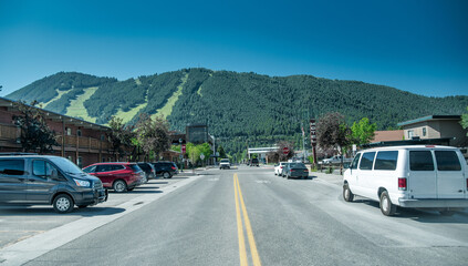 Jackson Hole, Wyoming. City streets and mountains on a beautiful day