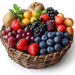 Basket overflowing with vibrant fruits, isolated.