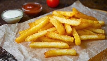 fried french fries lying on baking paper. Cooking frozen French fries in the oven.