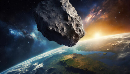 Huge asteroid in space flying towards planet earth. View from space. - obrazy, fototapety, plakaty