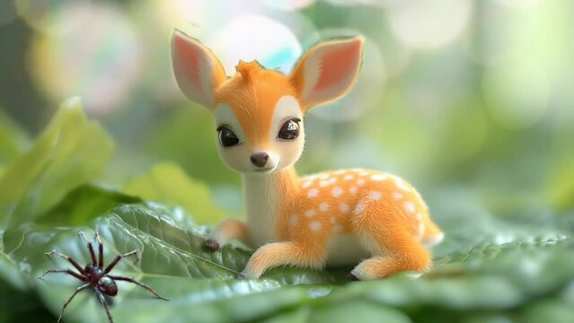 Charming 3D illustration of a cute fawn in a serene forest setting. Seamless looping 4k timelapse virtual video animation background generated AI 
