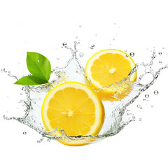 Lemon splashing water isolated on transparent or white background