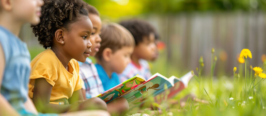 A diverse group of preschool children sits together in the garden, happily reading their books - obrazy, fototapety, plakaty