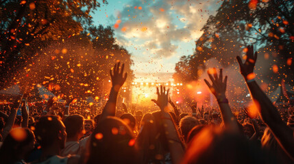 The vibrant energy of a summer festival is evident as a large gathering of young people cheer and...