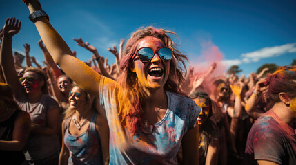 The vibrant energy of a summer festival is evident as a large gathering of young people cheer and...