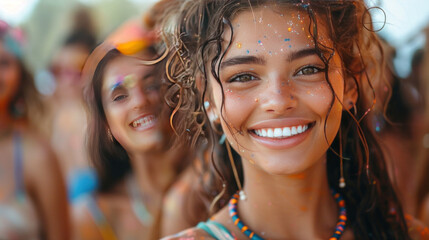 Young people come together in celebration at a summer festival, their cheerful cheers and laughter accompanied by colorful splashes reminiscent of the Holi festival. - obrazy, fototapety, plakaty