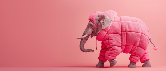 In a minimal world a stylish pink elephant struts in winter attire blending fashion with the chill of the season. Generative ai. - obrazy, fototapety, plakaty