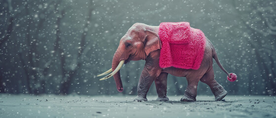In a minimal world a stylish pink elephant struts in winter attire blending fashion with the chill of the season mid body shot - obrazy, fototapety, plakaty