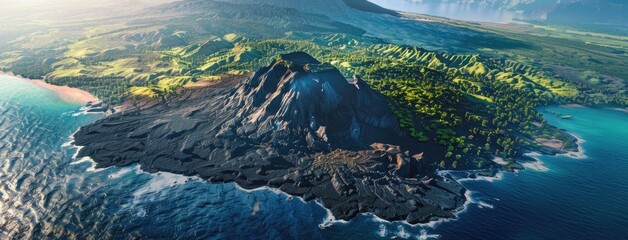 the black slopes of a volcano, juxtaposed against a lush jungle below and the distant ocean, creating a majestic scene with striking contrast between the dark, rugged terrain and vibrant greenery.