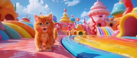 Gardinen A 3D cartoon tale unfolds as cats dance along rainbows journeying to a planet where every day is a vivid celebration hyper realistic. © Chaiyo
