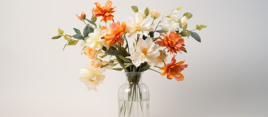 Glass vase with artificial flowers displayed on a white surface