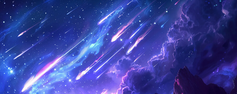 Night sky alive with falling meteorites each trail a story of cosmic journey awe-inspiring and mystical