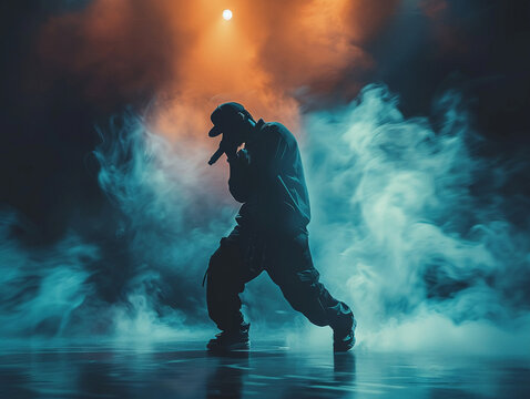 Energetic rapper in action minimal stage with striking light and shadow play capturing the essence of hip-hop