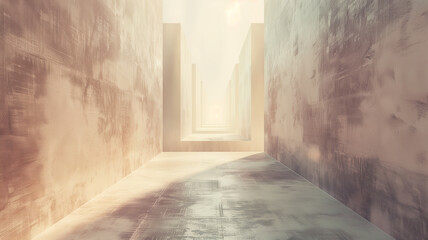 3D-rendered geometric pathway, creating a perspective of depth and leading lines towards the horizon, set against a soft, textured background with top copy space