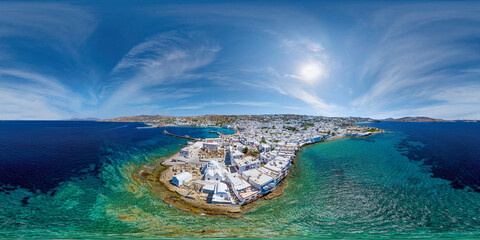 Amazing aerial view of Panagia Paraportiani church in Mykonos town from the sea on a sunny summer...