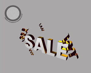 Grey background with 3d text in sale with white and gold details.