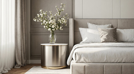 Elegant bedroom with an aluminium metal nightstand near kingside bed. Metallic and silver shades in the room interior