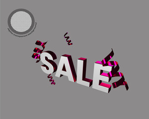 3d text written in sale with white and pink details on a grey background.