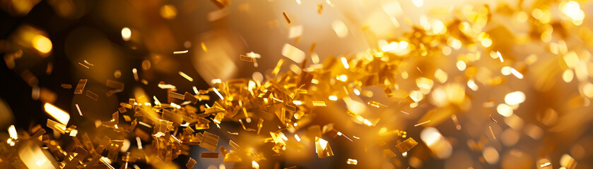 Gold confetti burst, luxurious celebration, eye-level, warm tones, right side blank for words