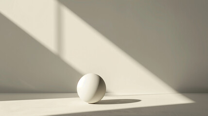 Ultra-minimalist 3D scene with a single, perfect sphere casting a long shadow on a clean, light-colored background, emphasizing space and form, with copy space to the left